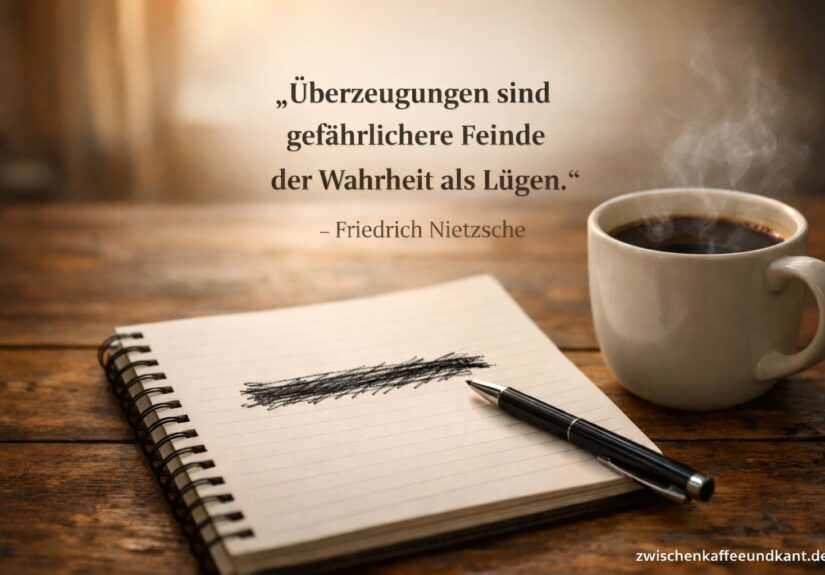Notizbuch und Kaffee auf Holztisch – Feind im eigenen Kopf nach Friedrich Nietzsche