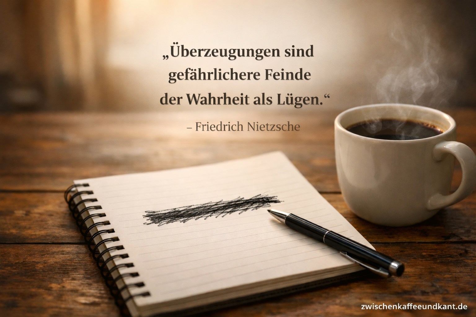 Notizbuch und Kaffee auf Holztisch – Feind im eigenen Kopf nach Friedrich Nietzsche