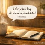 Heute ist genug – dampfende Kaffeetasse am sonnigen Holztisch mit Notizbuch und Zitat in Denkblase, unten rechts zwischenkaffeeundkant.de