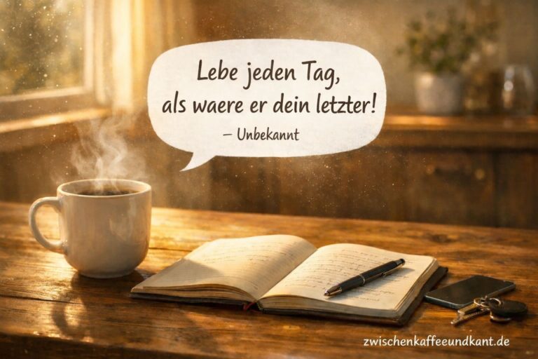 Heute ist genug – dampfende Kaffeetasse am sonnigen Holztisch mit Notizbuch und Zitat in Denkblase, unten rechts zwischenkaffeeundkant.de