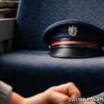 Zugbegleiter stirbt: leerer Zugabteil-Sitz mit Dienstmütze, zwei Kinderhände halten sich, unten rechts zwischenkaffeeundkant.de