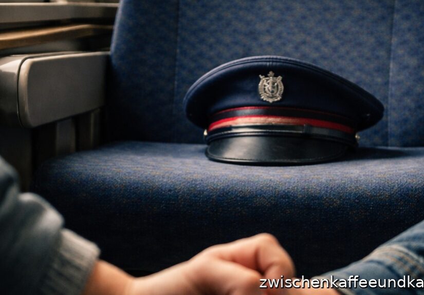 Zugbegleiter stirbt: leerer Zugabteil-Sitz mit Dienstmütze, zwei Kinderhände halten sich, unten rechts zwischenkaffeeundkant.de