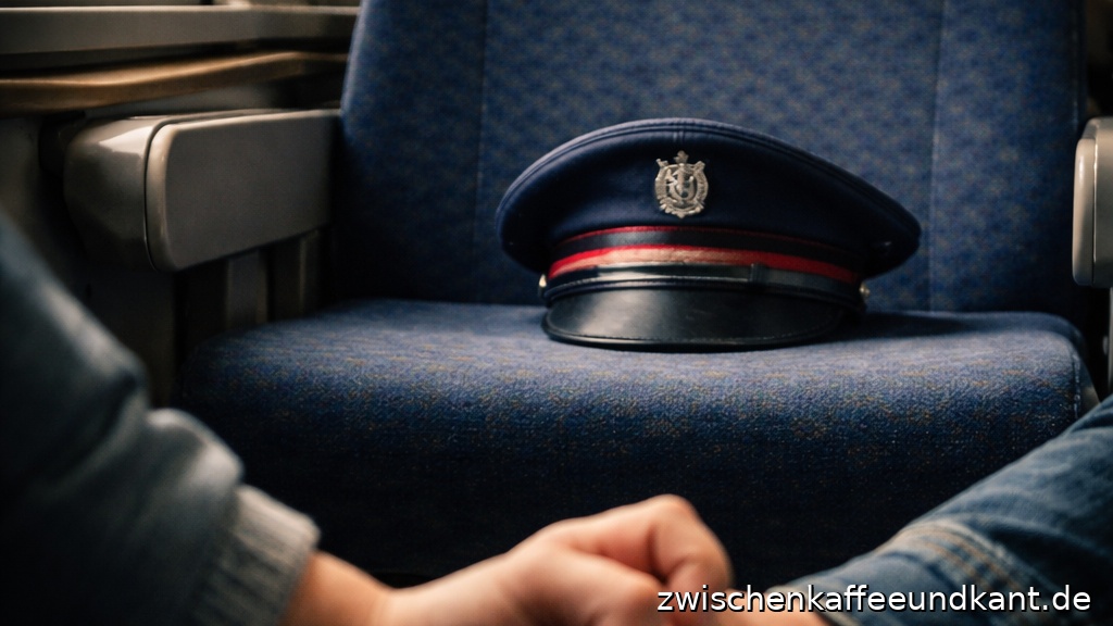 Zugbegleiter stirbt: leerer Zugabteil-Sitz mit Dienstmütze, zwei Kinderhände halten sich, unten rechts zwischenkaffeeundkant.de
