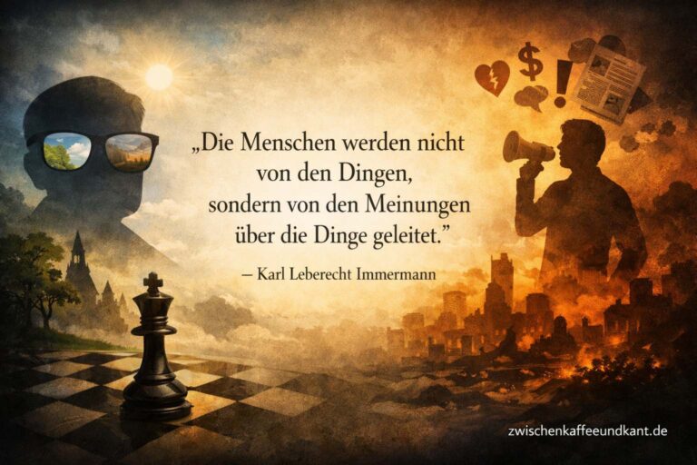 Macht der Meinung: Zitat von Karl Leberecht Immermann über Meinungen und Dinge, auf einem kontrastreichen 16:9 Motiv mit zwischenkaffeeundkant.de