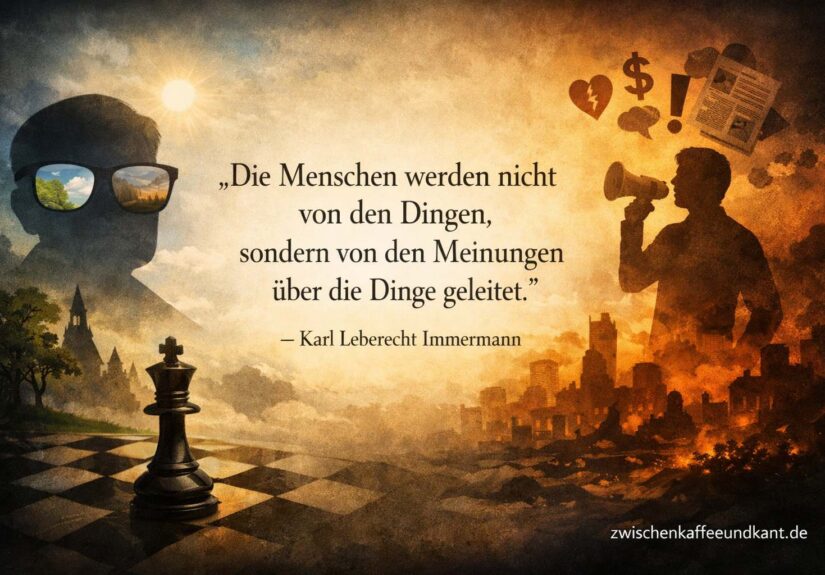 Macht der Meinung: Zitat von Karl Leberecht Immermann über Meinungen und Dinge, auf einem kontrastreichen 16:9 Motiv mit zwischenkaffeeundkant.de