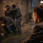 Albert Einstein und die Bequemlichkeit des Wegsehens – eine Person beobachtet Unrecht in einer dunklen Gasse, ohne einzugreifen.