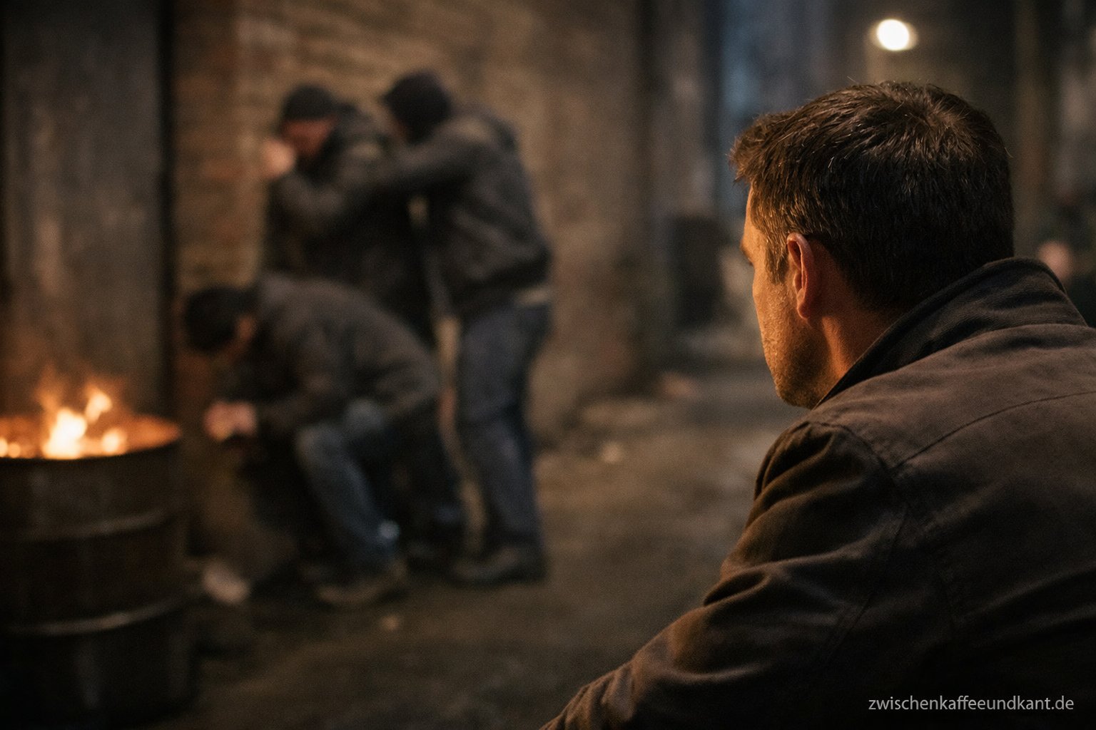 Albert Einstein und die Bequemlichkeit des Wegsehens – eine Person beobachtet Unrecht in einer dunklen Gasse, ohne einzugreifen.