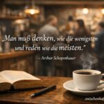 Zitat von Arthur Schopenhauer über Denken in der Minderheit, dargestellt mit Kaffeetasse und Buch in ruhiger Café-Szene