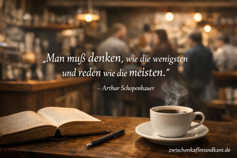 Zitat von Arthur Schopenhauer über Denken in der Minderheit, dargestellt mit Kaffeetasse und Buch in ruhiger Café-Szene