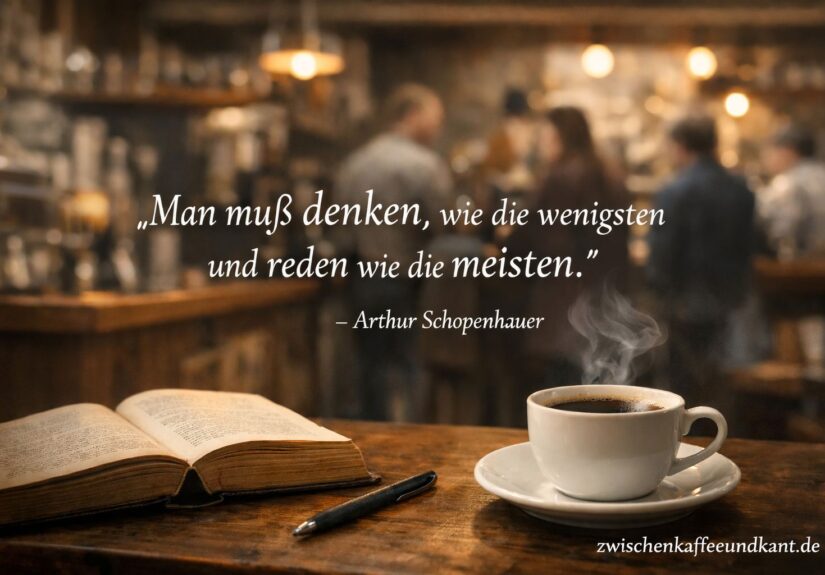 Zitat von Arthur Schopenhauer über Denken in der Minderheit, dargestellt mit Kaffeetasse und Buch in ruhiger Café-Szene