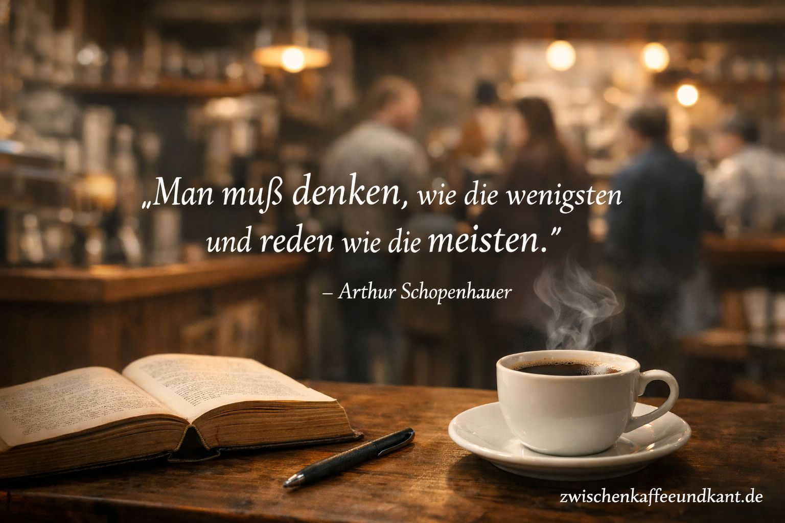 Zitat von Arthur Schopenhauer über Denken in der Minderheit, dargestellt mit Kaffeetasse und Buch in ruhiger Café-Szene